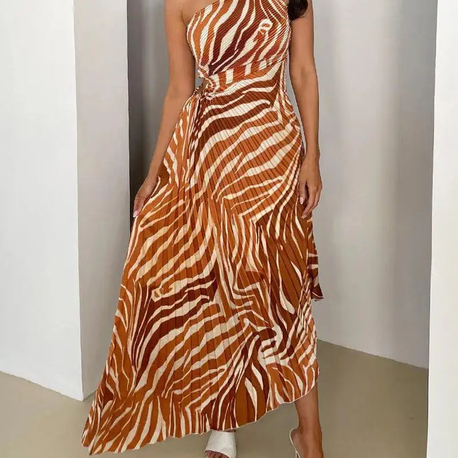 Sommerkjole med Én Skulder og Snøring – Sexy og Elegant Lang Kjole med Plissert og Ujevn Kant