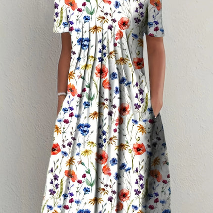 Elegant Sommerkjole med Vidt Skjørt – Rund Hals og Kort Erm med Blomsterprint (2024 Nyhet)
