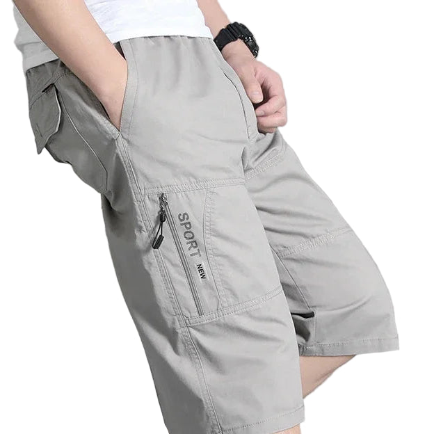 Herre cargoshorts i bomull – knelang med glidelåslommer og strikk i livet