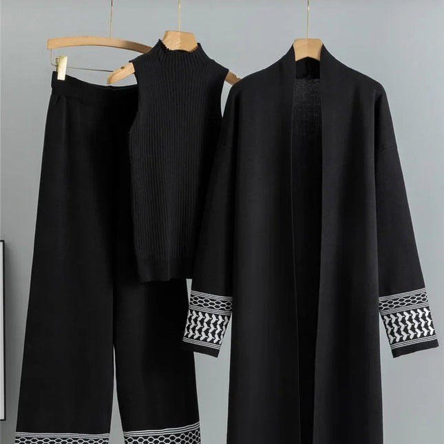 Elegant 3-delt Strikkesett – Høytlivsbukser, Vest og Lang Cardigan
