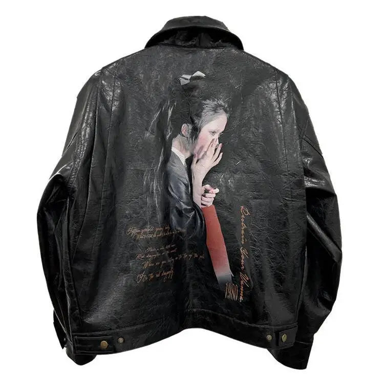 Harajuku Skinnjakke for Dame – Vintage PU Jakke med Print | Streetwear & Y2K Stil til Høst og Vinter