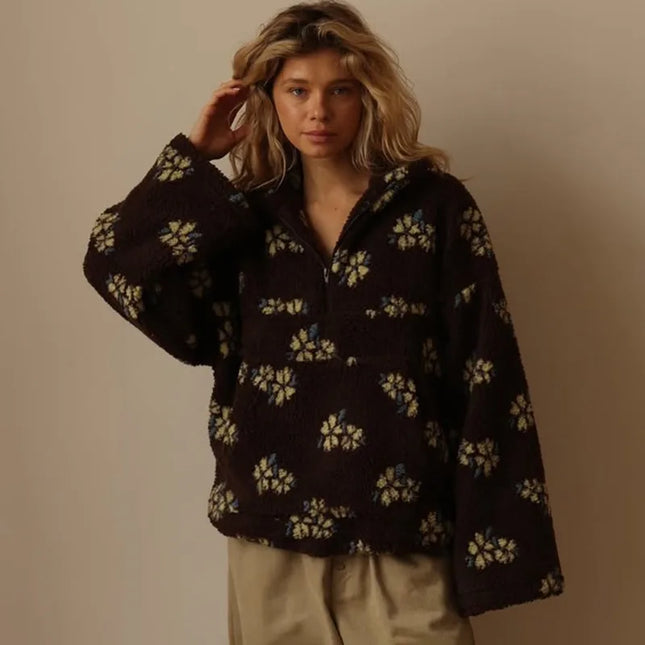 Blomstrete Fuskepels Hettejakke for Dame – Myk, Løs & Varm Teddyjakke | Perfekt til Høst og Vinter