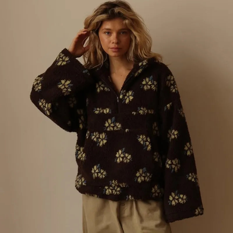 Blomstrete Fuskepels Hettejakke for Dame – Myk, Løs & Varm Teddyjakke | Perfekt til Høst og Vinter