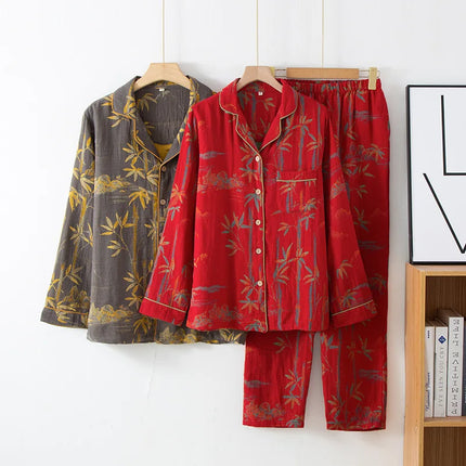 Par-Pysjamas i Bomullsmusselin (Dobbel Gasbind) – 2-delt Sett med Tynn Langermet Topp + Bukse | Vår/Sommer Loungewear