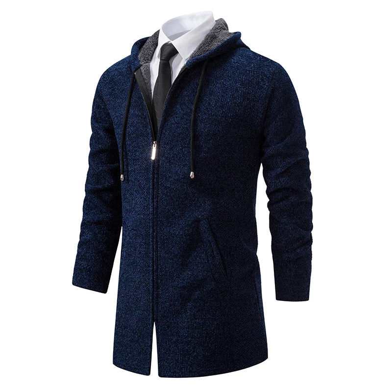 Herre Lang Cardigan med Hette – Varm Vinterjakke i Fleece & Strikk | Koreansk Designerstil