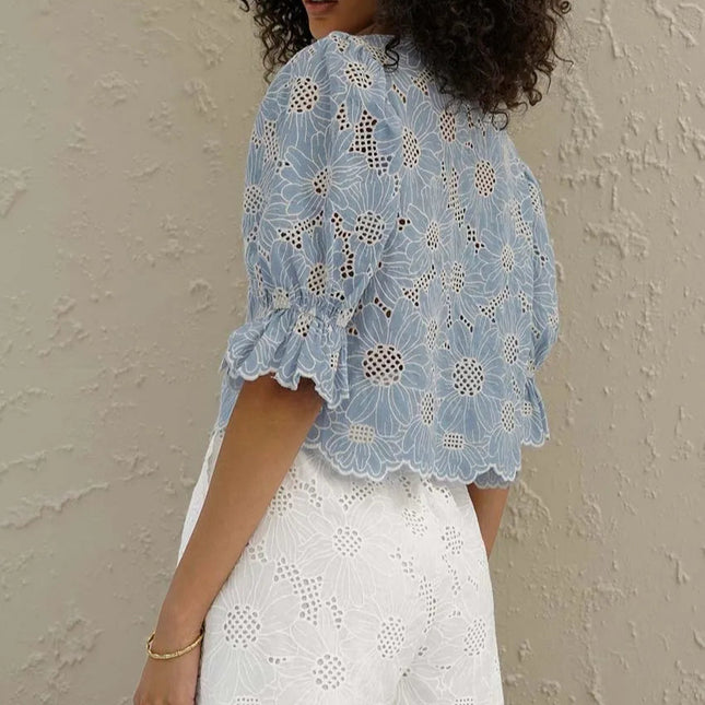 Elegant Blåmønstret Skjorte til Dame – Rund Hals & Halvlange Ermer i Bomull