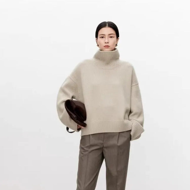 Tykk Høyhalset Kasjmirgenser for Kvinner – 100% Ren Kasjmir | Myk, Løs og Elegant Strikkegenser i Europeisk Stil