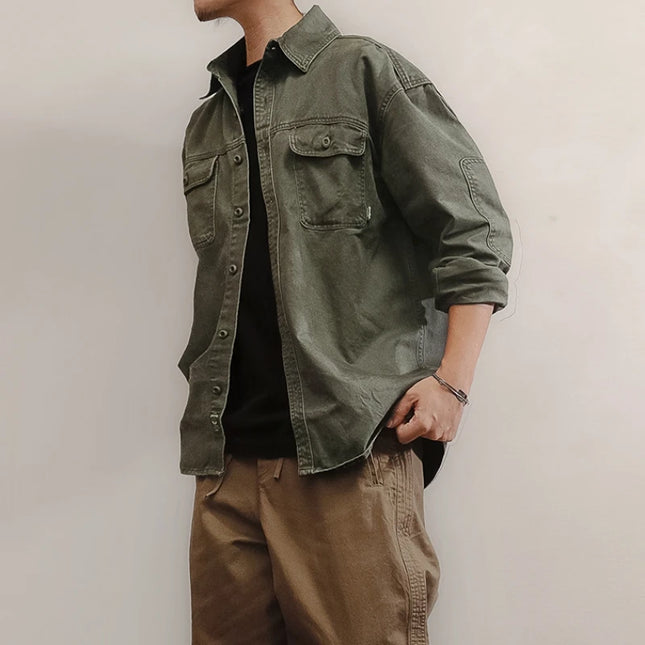 Japansk Vintage Arbeidsskjorte for Menn – Tung Bomull i Vasket Twill | Oversized Skjorte i Høy Kvalitet med Slitt Look