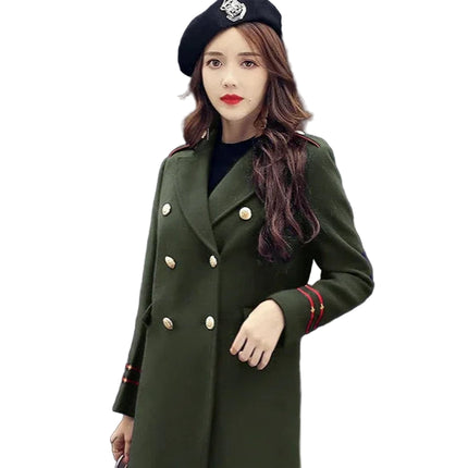 Dame Vinterkåpe – Dobbelspent Ullfrakk i Militærgrønn | Tykk, Varm & Elegant Lang Kåpe