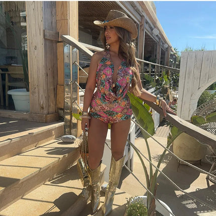 Fargerikt Paljettsett – Halterneck Toppløs Vest & Bodycon Miniskjørt