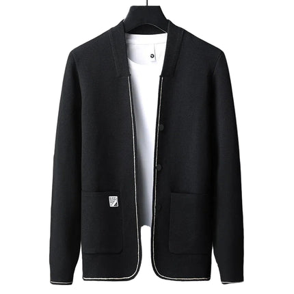 Herre Cardigan – Strikket Ensfarget Jakke | Koreansk Casual med Sjal-krage & Lommer