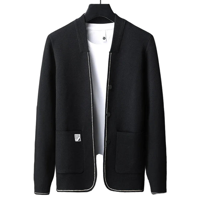 Herre Cardigan – Strikket Ensfarget Jakke | Koreansk Casual med Sjal-krage & Lommer