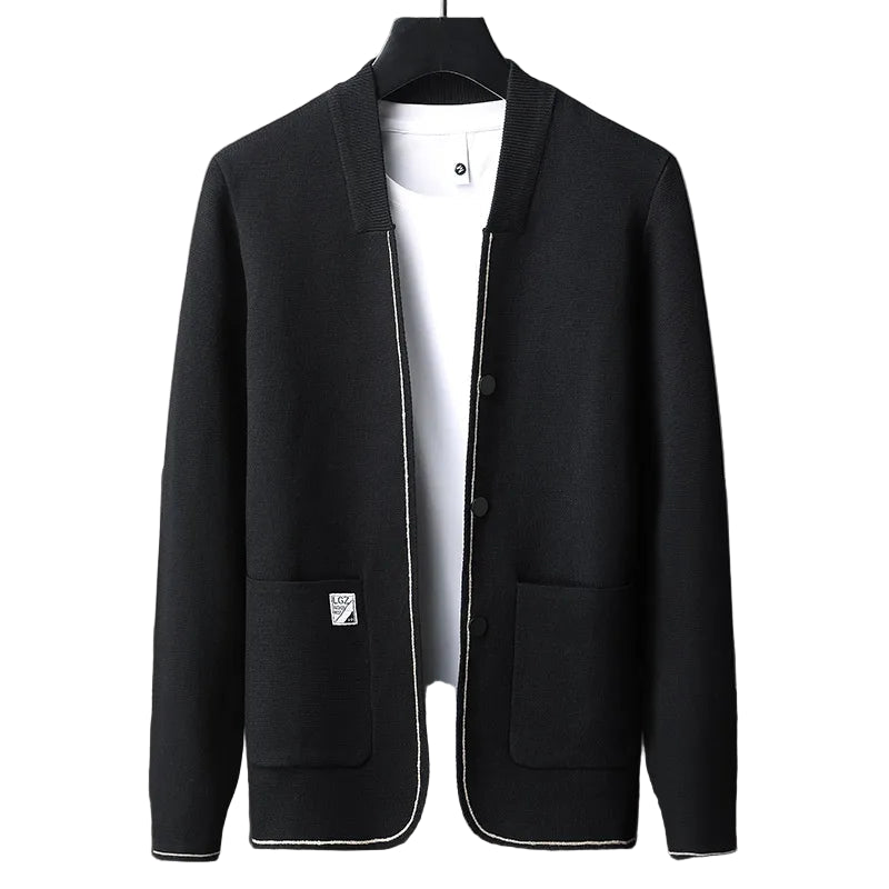 Herre Cardigan – Strikket Ensfarget Jakke | Koreansk Casual med Sjal-krage & Lommer
