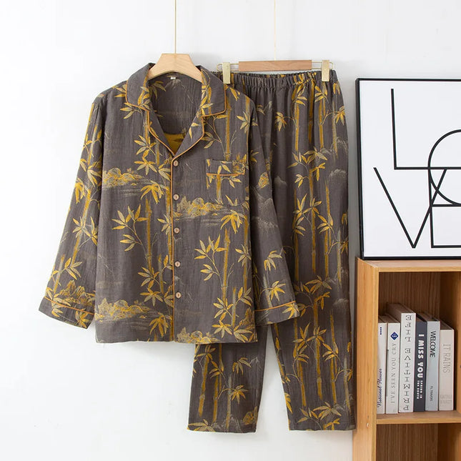 Par-Pysjamas i Bomullsmusselin (Dobbel Gasbind) – 2-delt Sett med Tynn Langermet Topp + Bukse | Vår/Sommer Loungewear