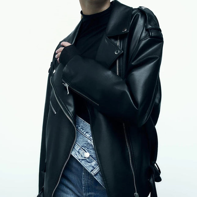 Klassisk Bikerjakke for Dame – Løs Skinnjakke i PU med Belte og Glidelås | Trendy Vår- og Høstjakke