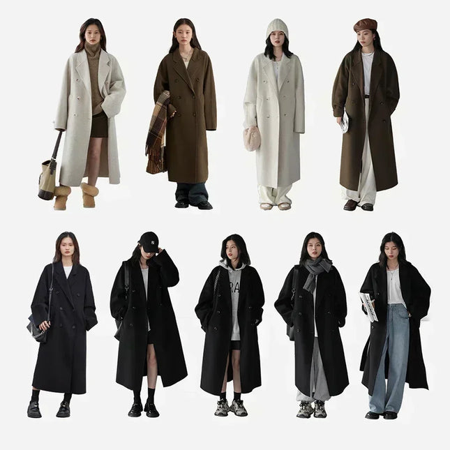 Lang Dobbeltspent Ullkåpe for Dame – Klassisk & Tidløs Retro Kåpe i Ullblanding | Perfekt til Høst og Vinter 2025