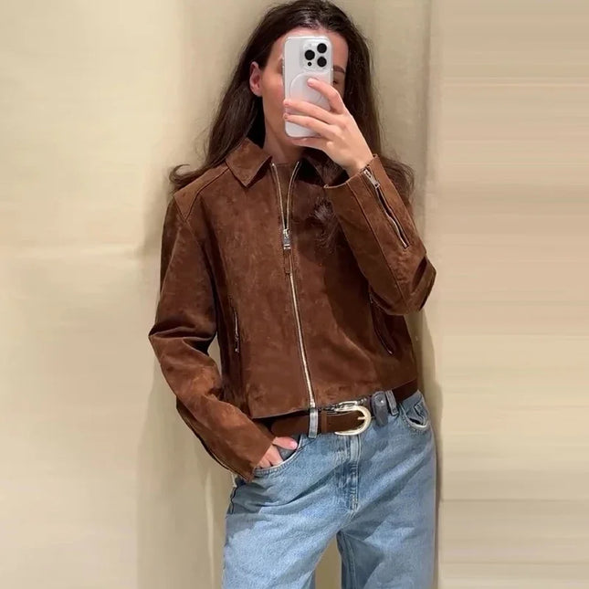 Vintage Semsket Kort Jakke til Dame – Streetwear med Glidelås & Krage