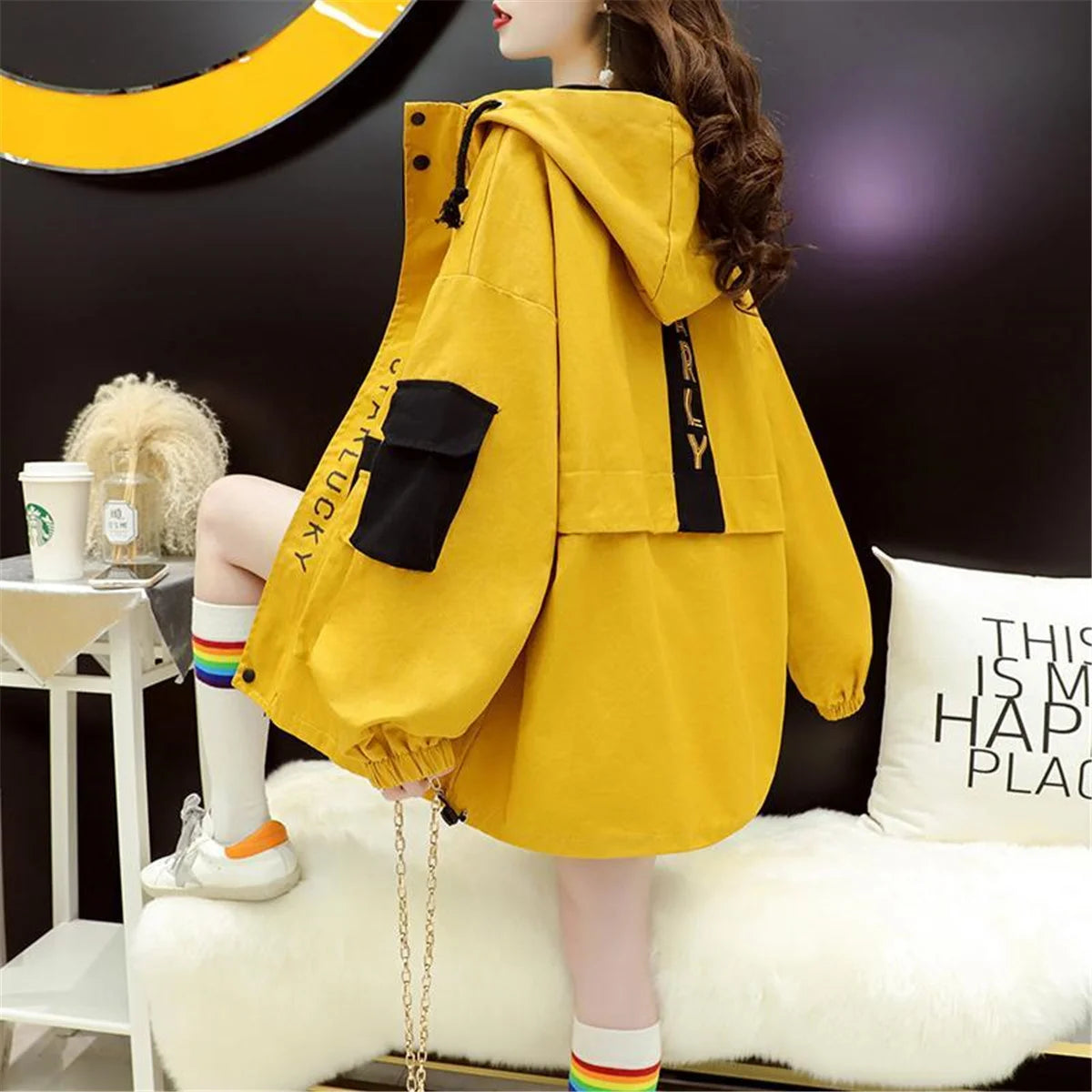 Vintage Streetwear Patchwork Jakke – Harajuku/Kpop Hoodie til Dame