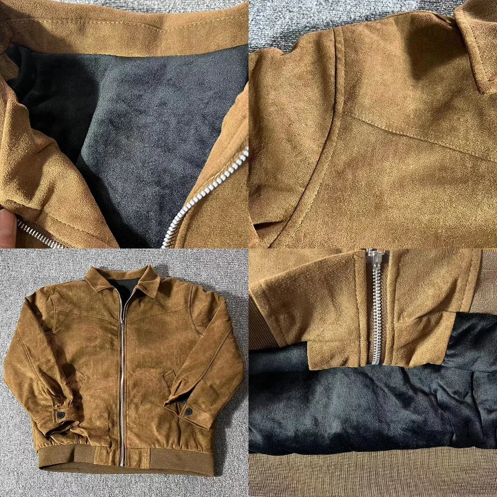 Elegant Brun Herrejakke – Vintage Kort Jakke med Glidelås og Løs Passform