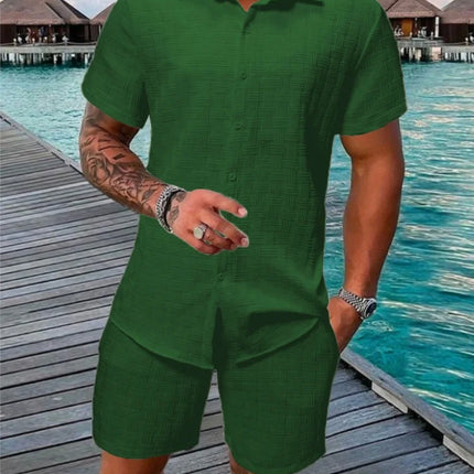 Sommerens Nyhet 2025 – Herresett med Skjorte og Shorts | Avslappet To-delt Antrekk med Jacquard og Snøring