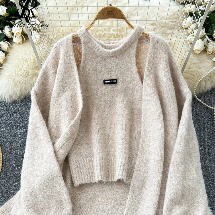 Myk Kasjmirstrikk for Kvinner – Varm Cardigan med Ermeløs Topp | Elegant og Avslappet Sett til Høst og Vinter