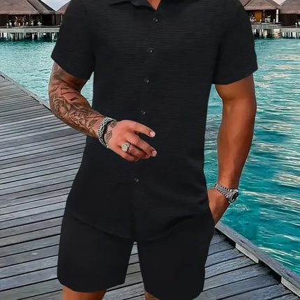Sommerens Nyhet 2025 – Herresett med Skjorte og Shorts | Avslappet To-delt Antrekk med Jacquard og Snøring