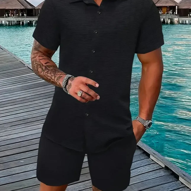 Sommerens Nyhet 2025 – Herresett med Skjorte og Shorts | Avslappet To-delt Antrekk med Jacquard og Snøring