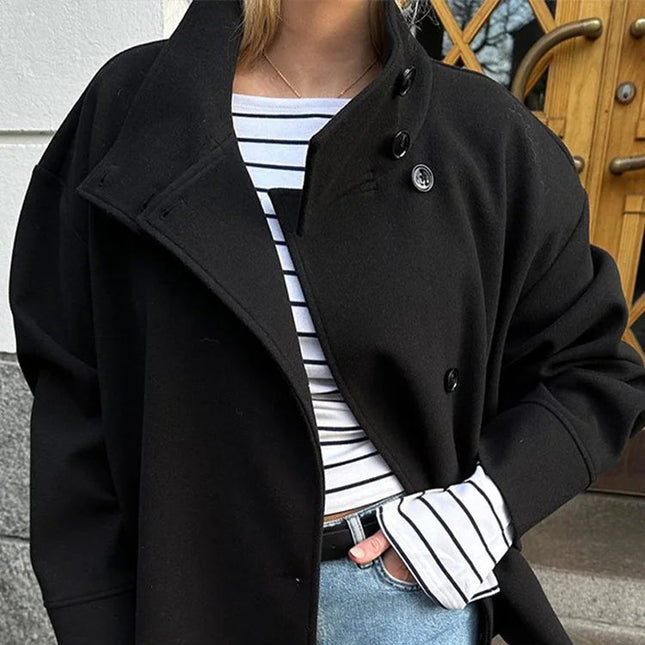 Klassisk Ullkåpe for Dame – Kort Jakke med Høy Krage | Elegant, Løs Passform til Høst og Vinter 2025