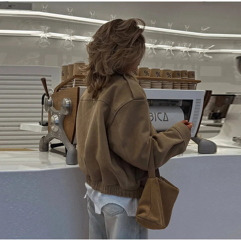 Dame Bomberjakke – Vintage Semsket Patchwork med Glidelås & Lommer