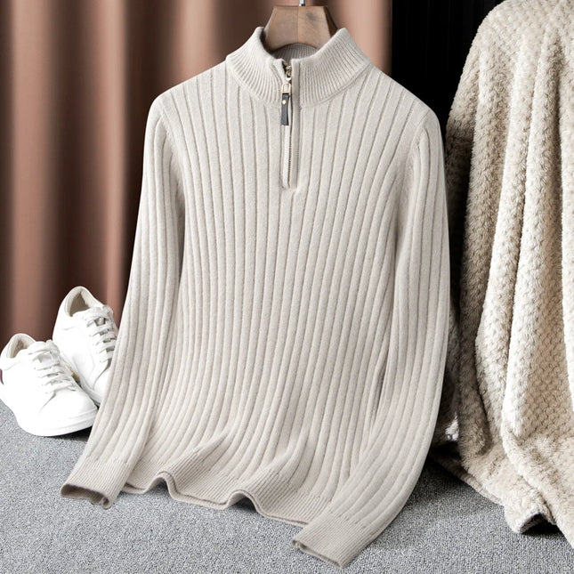 Herregenser i Ullblanding med Glidelås – 42 % Ull Halv-Zip Strikkegenser | Varm og Elegant Vintergenser med Høy Hals
