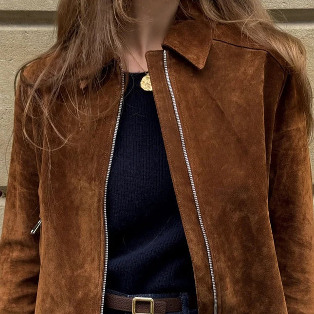 Vintage Semsket Kort Jakke til Dame – Streetwear med Glidelås & Krage