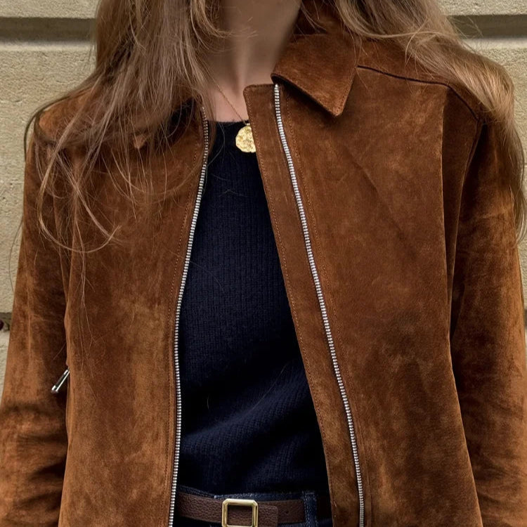 Vintage Semsket Kort Jakke til Dame – Streetwear med Glidelås & Krage