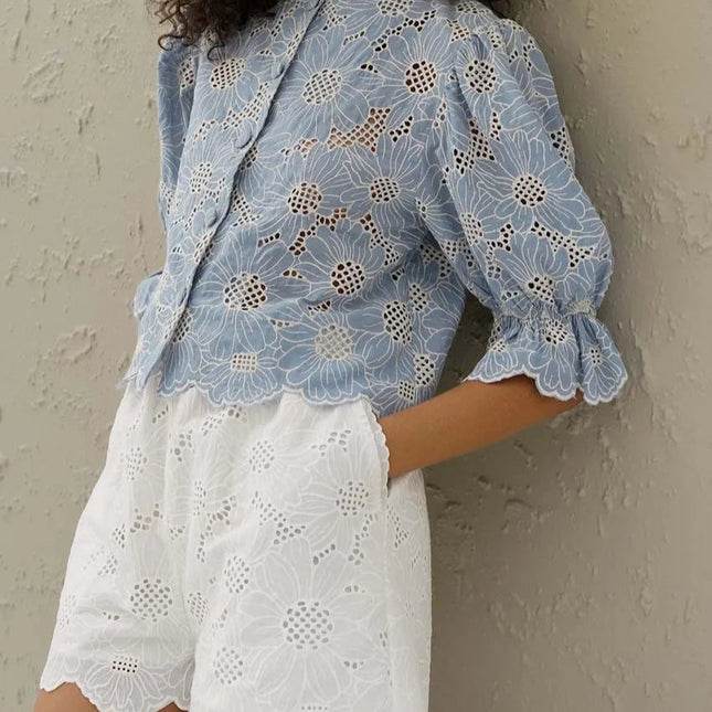 Elegant Blåmønstret Skjorte til Dame – Rund Hals & Halvlange Ermer i Bomull