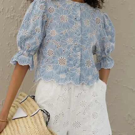 Elegant Blåmønstret Skjorte til Dame – Rund Hals & Halvlange Ermer i Bomull