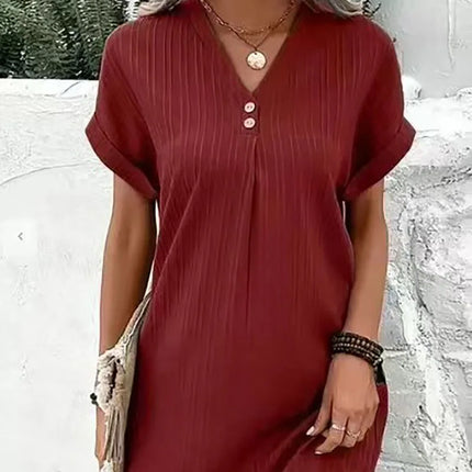 Sommerlig V-hals Kjole for Kvinner – Enkel Minikjole med Knapper til Hverdag og Kontor