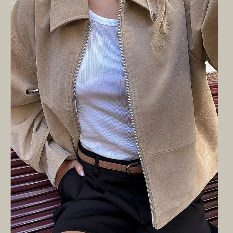 Dame Bomberjakke – Vintage Semsket Patchwork med Glidelås & Lommer