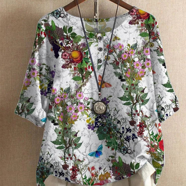 Etnisk Vintage-Print Bluse – Løs Passform, O-hals og Halvlange Ermer