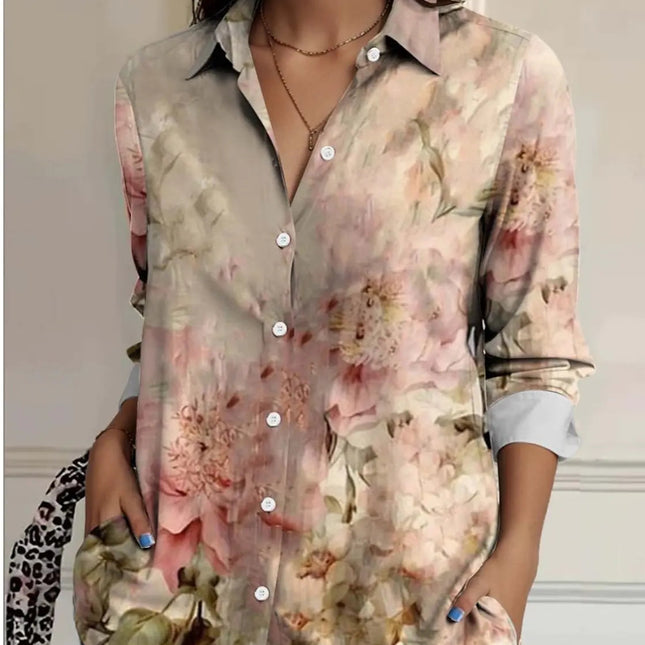 Blomstrete Skjorte for Dame – Stilig Langermet Bluse med Krage