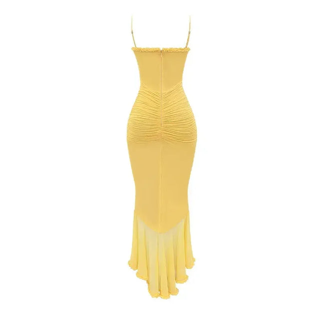 Elegant Gul Maxi-Kjole med Volanger – Ermeløs, Ryggløs og Plissert Festkjole
