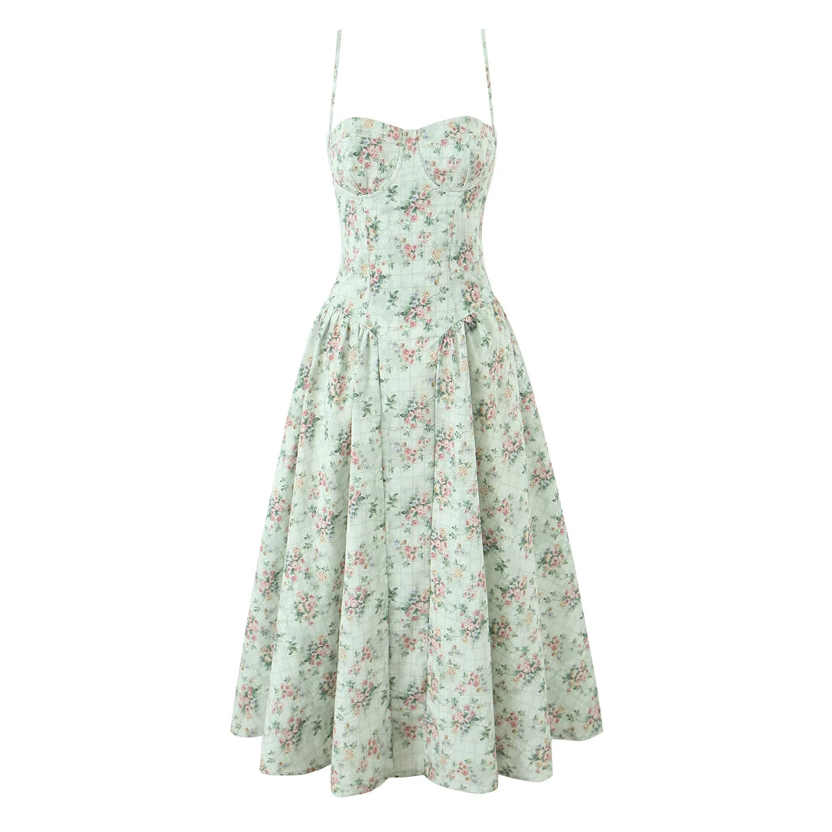 Romantisk Grønn Blomsterkjole – Korsettstil med Midi Lengde og Elegant Sving