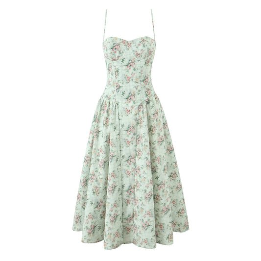 Romantisk Grønn Blomsterkjole – Korsettstil med Midi Lengde og Elegant Sving