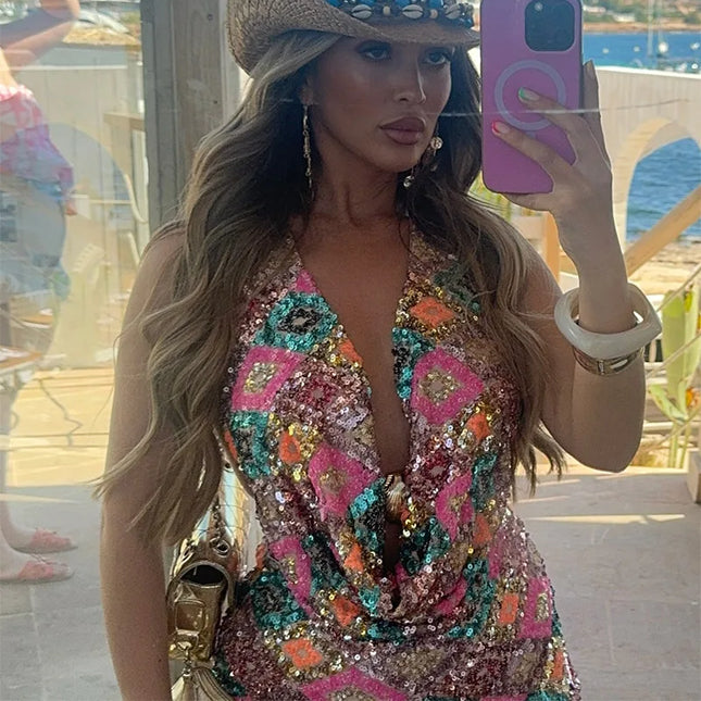 Fargerikt Paljettsett – Halterneck Toppløs Vest & Bodycon Miniskjørt