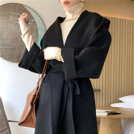 Vintage Elegant Cashmere Kåpe til Dame – Dobbelsidig Ullkåpe med Hette