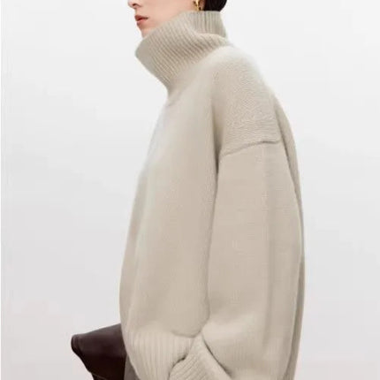 Tykk Høyhalset Kasjmirgenser for Kvinner – 100% Ren Kasjmir | Myk, Løs og Elegant Strikkegenser i Europeisk Stil
