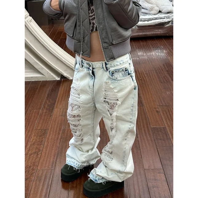 Lyseblå Ripped Jeans for Dame – Høyt Liv & Løs Passform | Vintage Straight Fit Denim i Y2K Street-stil