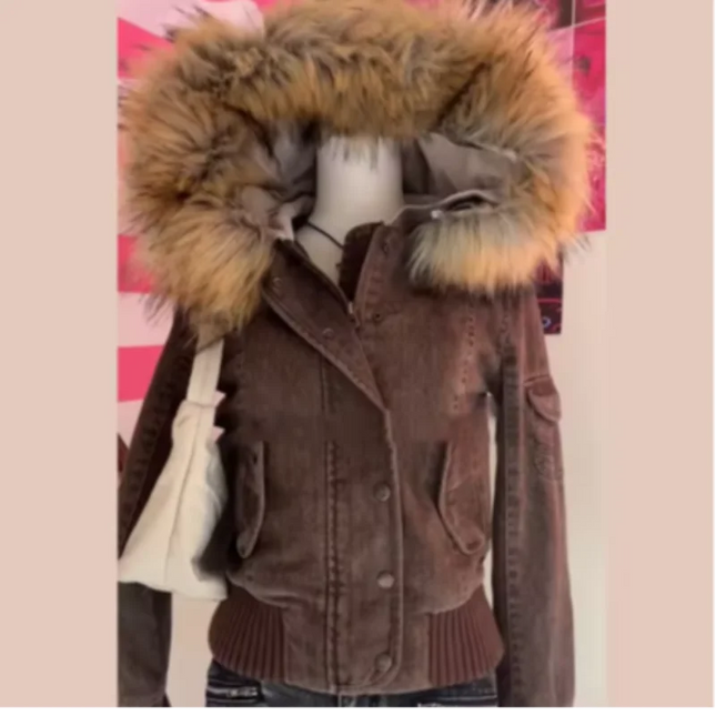 Kort Brun Vinterjakke for Kvinner – Avtakbar Pelskrage og Hette | Vintage-Inspirert Y2K Jakke i Slim Passform