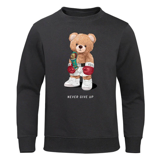 Herre Hoodie med Trykk – "Strong Boxer Teddy Bear" | Løs Passform & Streetwear Harajuku Stil