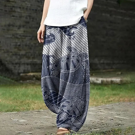 Bohemske Vide Bukser med Japansk Kunst – Retro Harajuku-stil med Havskilpadde og Bølgedesign