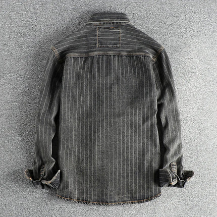 Britisk Retro Denimskjorte for Menn – Tung Sort/Grå Stripet Skjortejakke med Lomme | Klassisk Høststil