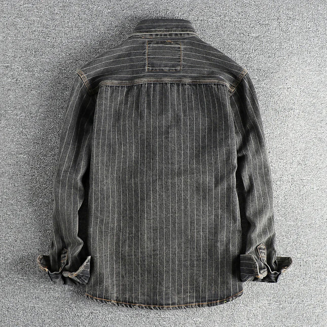 Britisk Retro Denimskjorte for Menn – Tung Sort/Grå Stripet Skjortejakke med Lomme | Klassisk Høststil